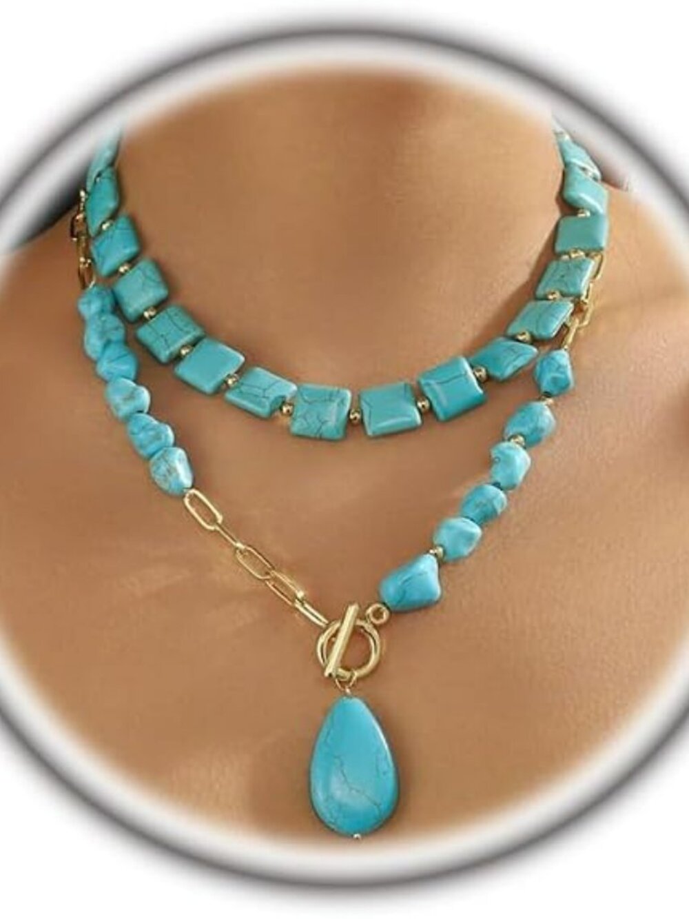 New Chunky Turquoise Gold Statement Necklace Bohemian Boho Layered Jewelry